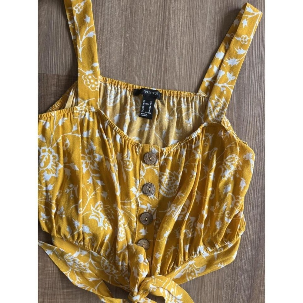 Forever 21 Tank Top Womens Medium Yellow Floral Tie Button Square Neck Cropped